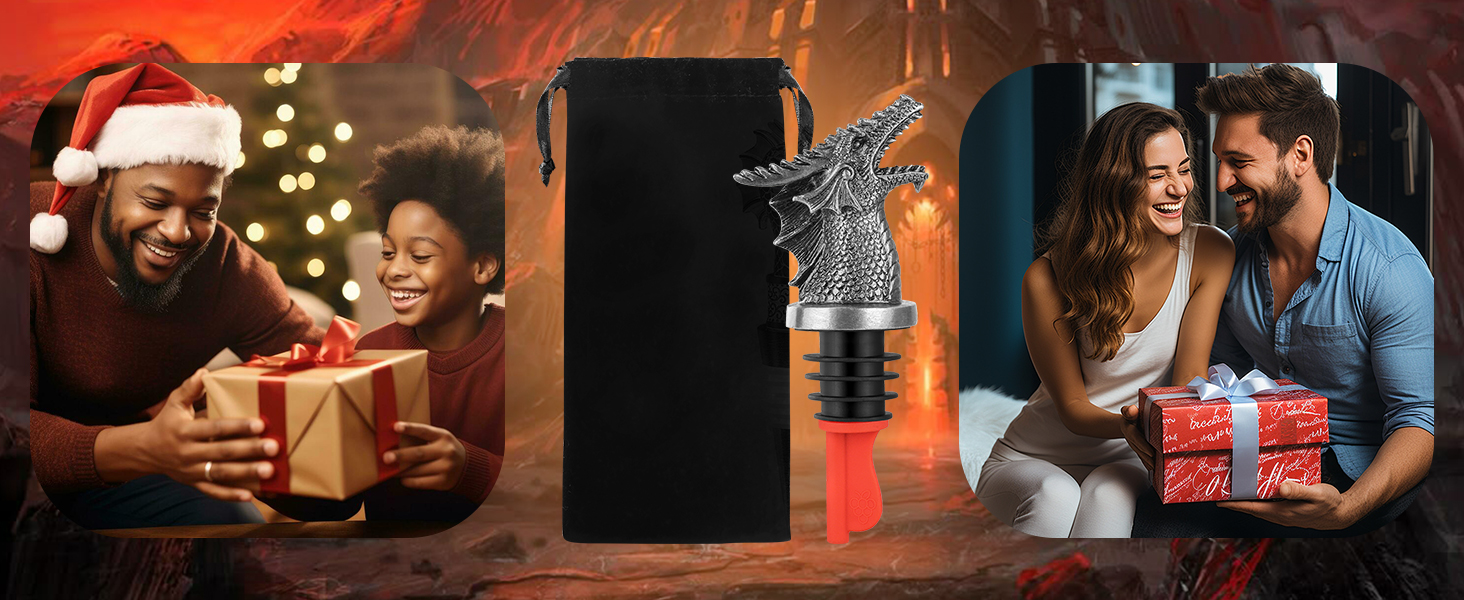 LKKCHER Dragon Head Liquor Pourers Spout for Alcohol Spirits, Dragon Gifts 2-In-1 Wine Bottle Pourer and Stopper for Men Women, Wine Accessories Gifts, Silver with Bag