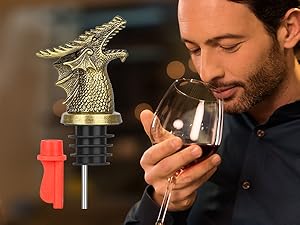 LKKCHER Dragon Head Liquor Pourers Spout for Alcohol Spirits, Dragon Gifts 2-In-1 Wine Bottle Pourer and Stopper for Men Women, Wine Accessories Gifts, Silver with Bag