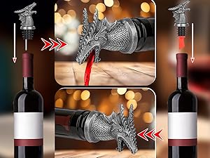 LKKCHER Dragon Head Liquor Pourers Spout for Alcohol Spirits, Dragon Gifts 2-In-1 Wine Bottle Pourer and Stopper for Men Women, Wine Accessories Gifts, Silver with Bag