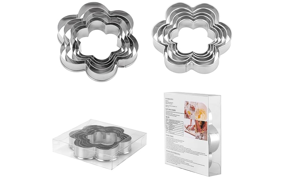 Flower Cookie Cutters Set,Stainless Steel Sandwiches Cutters Biscuit Molds for Kids,5pcs Sturdy Cutters for Cookies,Sandwiches,Small to Large Size of 2.05