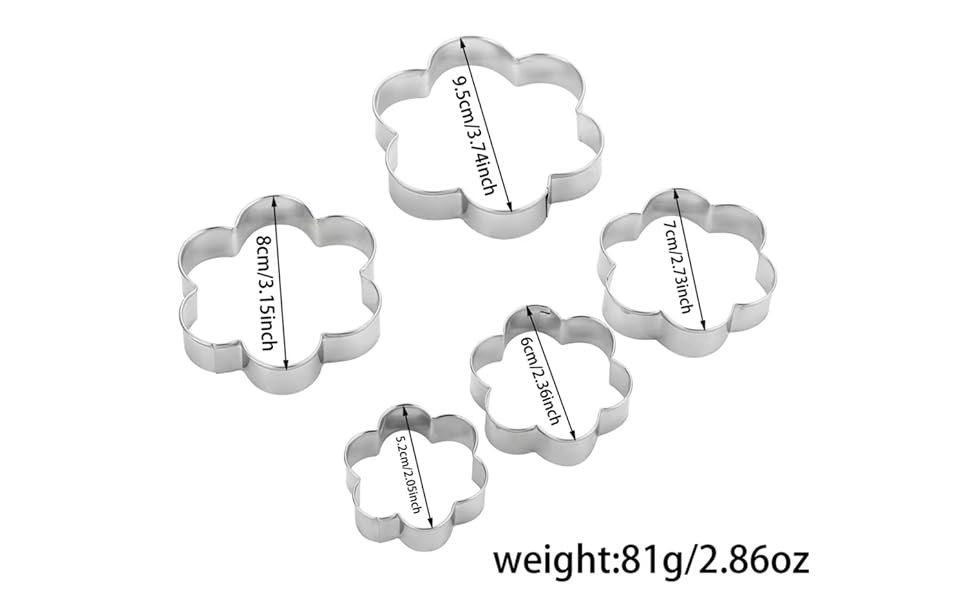 Flower Cookie Cutters Set,Stainless Steel Sandwiches Cutters Biscuit Molds for Kids,5pcs Sturdy Cutters for Cookies,Sandwiches,Small to Large Size of 2.05