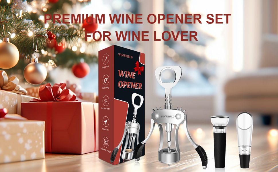 Wine Bottle Opener Gift Set, Zinc Alloy Wing Corkscrew with Vacuum Stopper & Aerator Pourer, Multifunctional Wine Corkscrew for Kitchen, Bar, Party, Camping, BBQ, Wedding, Dinner Gathering