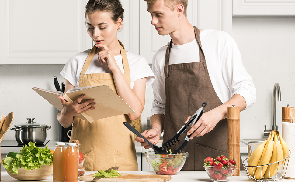 Upgraded Silicone Spaghetti Spoon and Pasta Tong Set – Sturdy Pasta Fork with Teeth, Noodle Spoon Server, and Multi-Purpose Tongs for Cooking and Serving