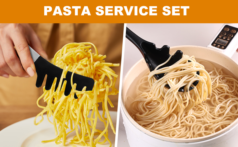 Upgraded Silicone Spaghetti Spoon and Pasta Tong Set – Sturdy Pasta Fork with Teeth, Noodle Spoon Server, and Multi-Purpose Tongs for Cooking and Serving