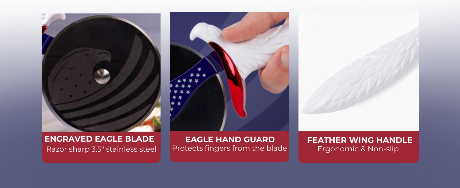 Patriot's Choice American Eagle Stainless Steel Pizza Cutter Wheel – Ultra Sharp with Built-In Finger Guard - Patriotic Kitchen Tools & Pizza Accessories Gift for Men - Dishwasher Safe 10