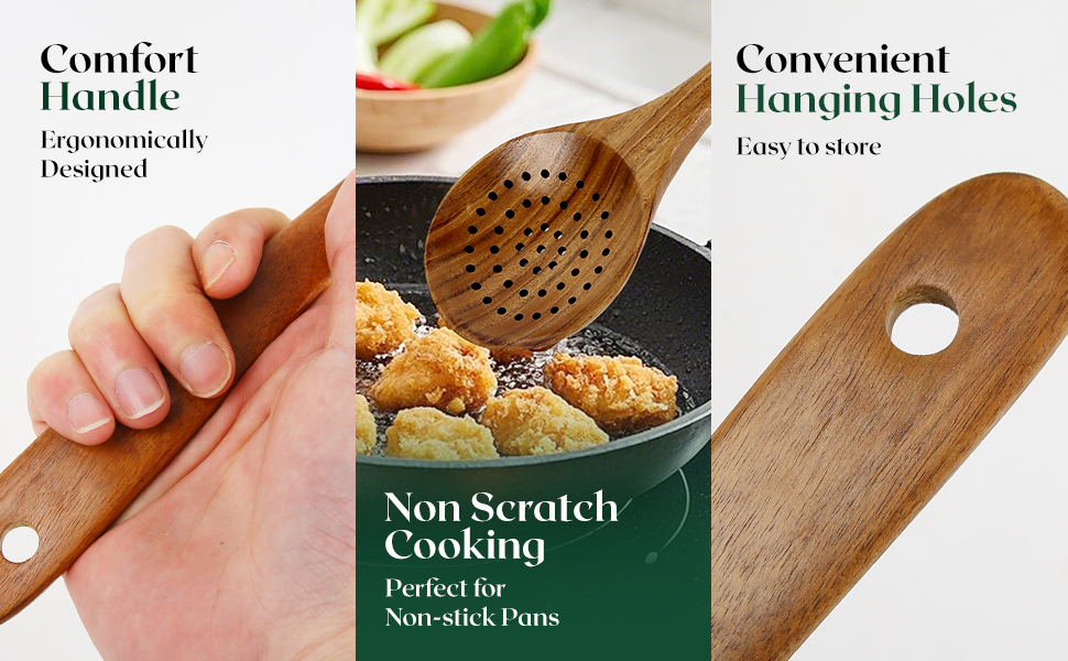 Bkiok Wooden Strainer Spoon for Cooking, Durable Wooden Slotted Spoons, Handmade Colander Spoons,Teak Wood Skimmer