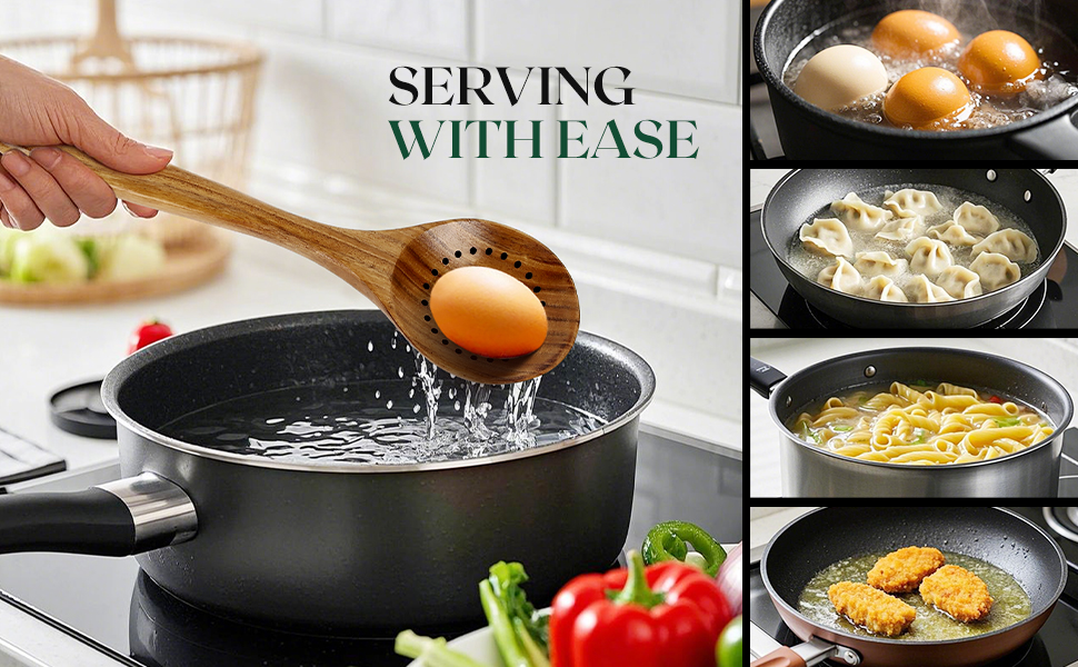 Bkiok Wooden Strainer Spoon for Cooking, Durable Wooden Slotted Spoons, Handmade Colander Spoons,Teak Wood Skimmer