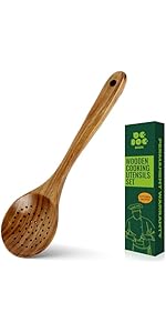 Bkiok Wooden Strainer Spoon for Cooking, Durable Wooden Slotted Spoons, Handmade Colander Spoons,Teak Wood Skimmer