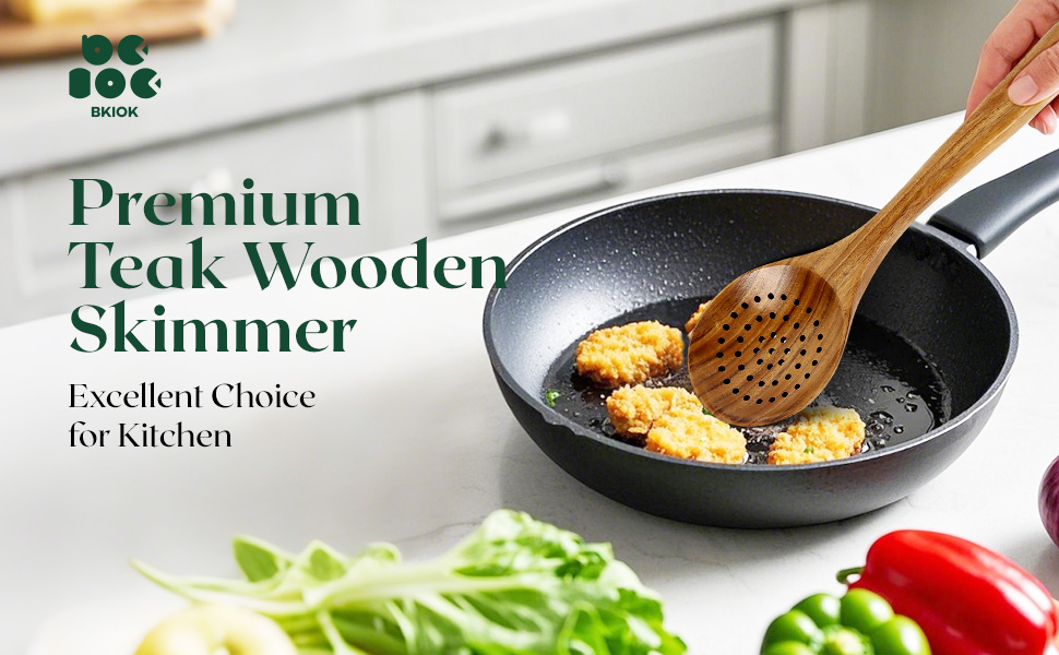 Bkiok Wooden Strainer Spoon for Cooking, Durable Wooden Slotted Spoons, Handmade Colander Spoons,Teak Wood Skimmer