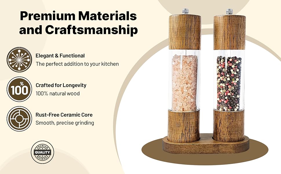 Wooden Salt and Pepper Grinder Set, Manual Premium Acrylic Salt and pepper Mills with Adjustable Ceramic Core and Wooden Stand, 8-Inch Refillable Giftable Shakers (2 Pieces with Tray)