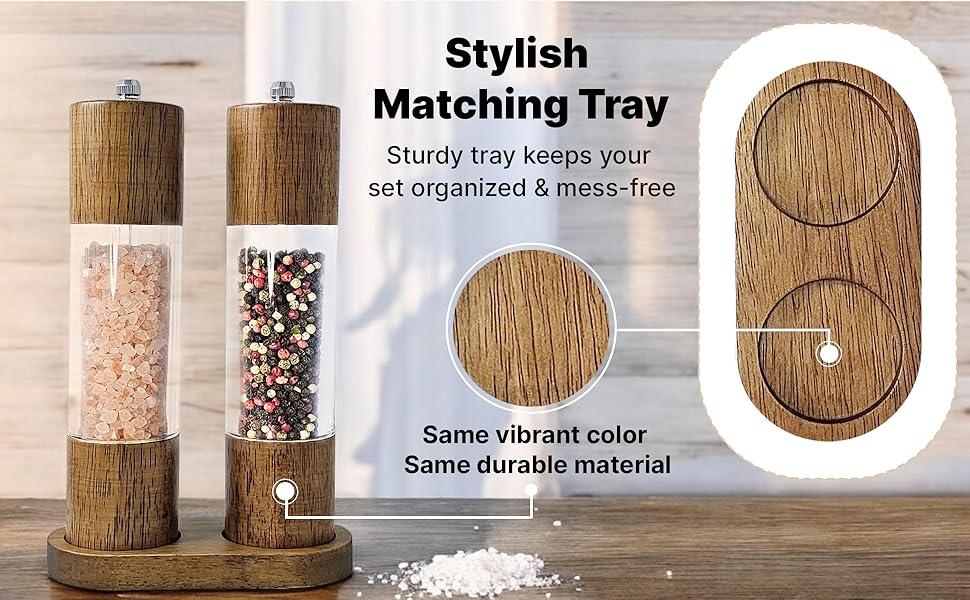 Wooden Salt and Pepper Grinder Set, Manual Premium Acrylic Salt and pepper Mills with Adjustable Ceramic Core and Wooden Stand, 8-Inch Refillable Giftable Shakers (2 Pieces with Tray)