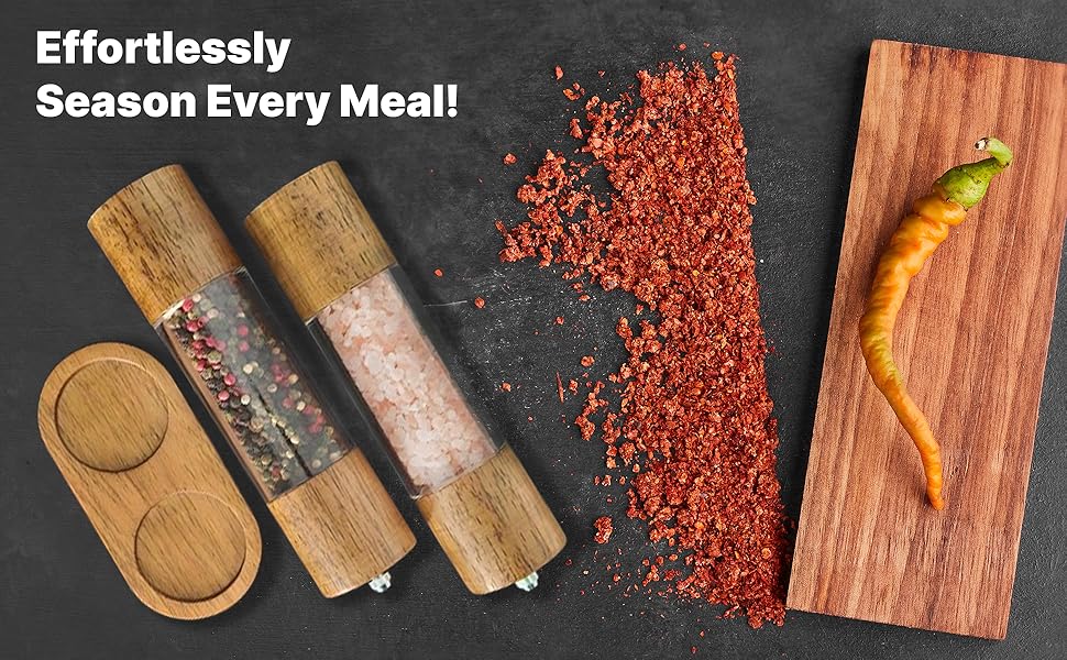 Wooden Salt and Pepper Grinder Set, Manual Premium Acrylic Salt and pepper Mills with Adjustable Ceramic Core and Wooden Stand, 8-Inch Refillable Giftable Shakers (2 Pieces with Tray)