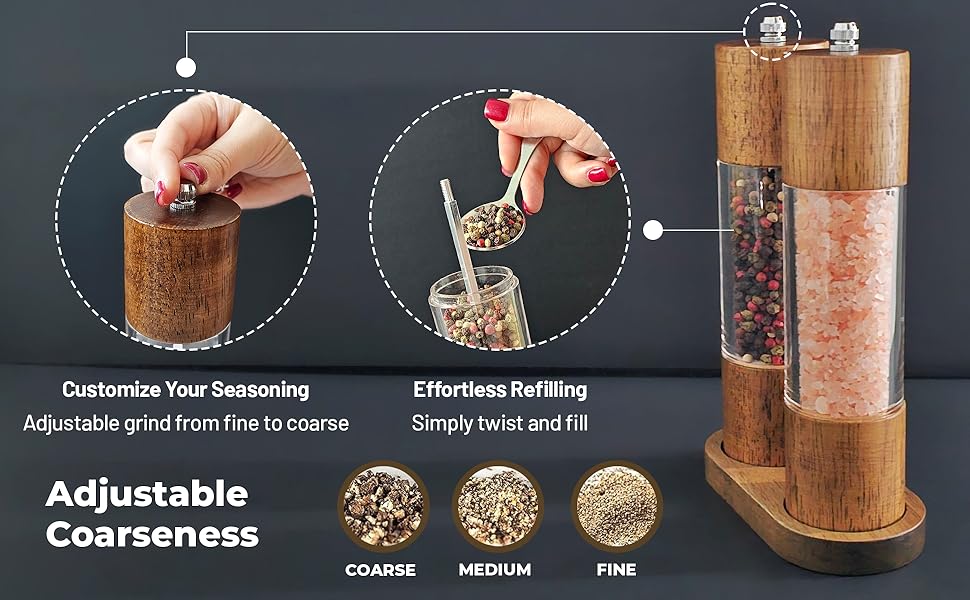 Wooden Salt and Pepper Grinder Set, Manual Premium Acrylic Salt and pepper Mills with Adjustable Ceramic Core and Wooden Stand, 8-Inch Refillable Giftable Shakers (2 Pieces with Tray)