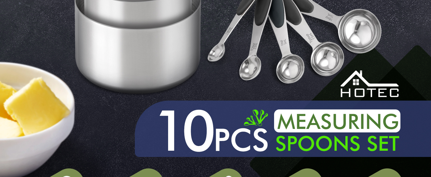 HOTEC 10-PACK Measuring Cups and Spoons Set, Kitchen Gadagets Cooking Baking,Heavy Duty & Dishwasher Safe for Dry and Liquid Ingredients,Black