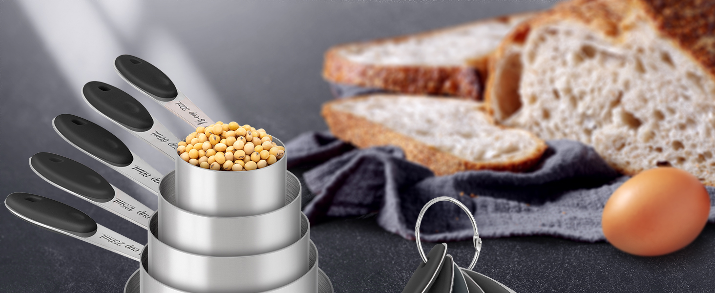 HOTEC 10-PACK Measuring Cups and Spoons Set, Kitchen Gadagets Cooking Baking,Heavy Duty & Dishwasher Safe for Dry and Liquid Ingredients,Black