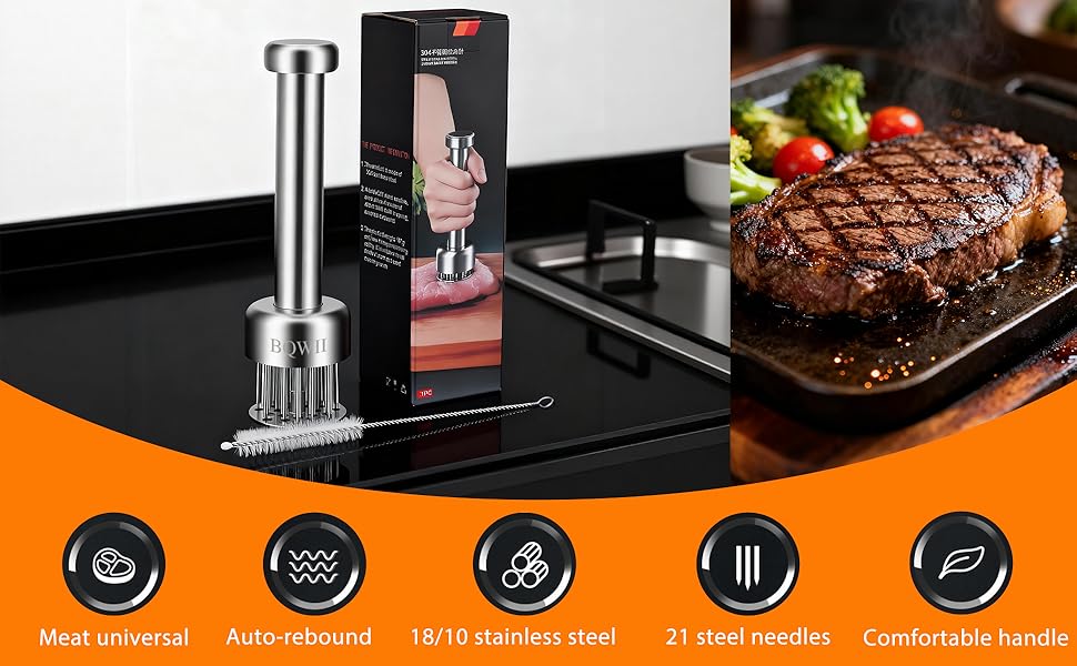 Stainless Steel Meat Tenderizer Tool with 21 Sharp Needles - A Meat Tenderizer Mallet for Chicken and Beef, Durable Meat Mallet Hammer, Easy-Grip Meat Hammer Tenderizer