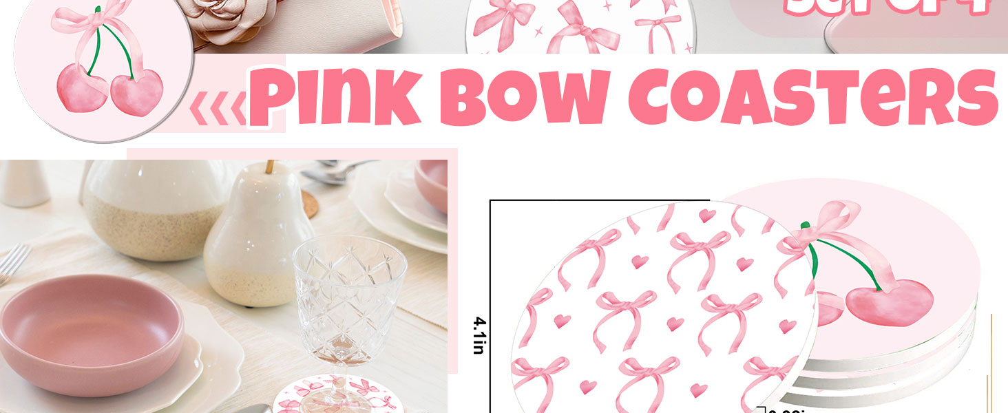 4Pcs Pink Bow Coasters Cute Coquette Bowknots Ceramic Drink Coasters Absorbent Bow Cherries Cup Mat for Mother's Day Valentines Baby Shower Birthday Home Kitchen Office Party Table Decor