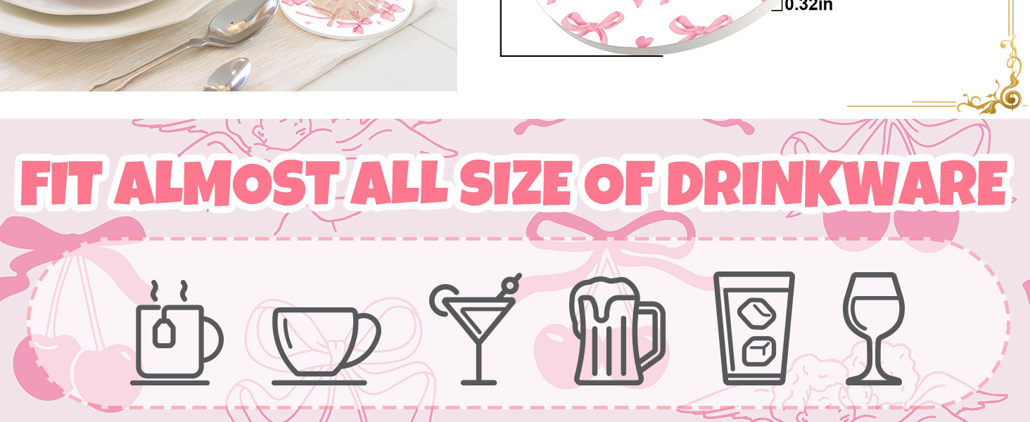 4Pcs Pink Bow Coasters Cute Coquette Bowknots Ceramic Drink Coasters Absorbent Bow Cherries Cup Mat for Mother's Day Valentines Baby Shower Birthday Home Kitchen Office Party Table Decor