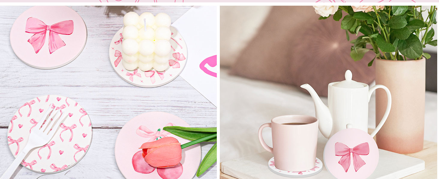 4Pcs Pink Bow Coasters Cute Coquette Bowknots Ceramic Drink Coasters Absorbent Bow Cherries Cup Mat for Mother's Day Valentines Baby Shower Birthday Home Kitchen Office Party Table Decor