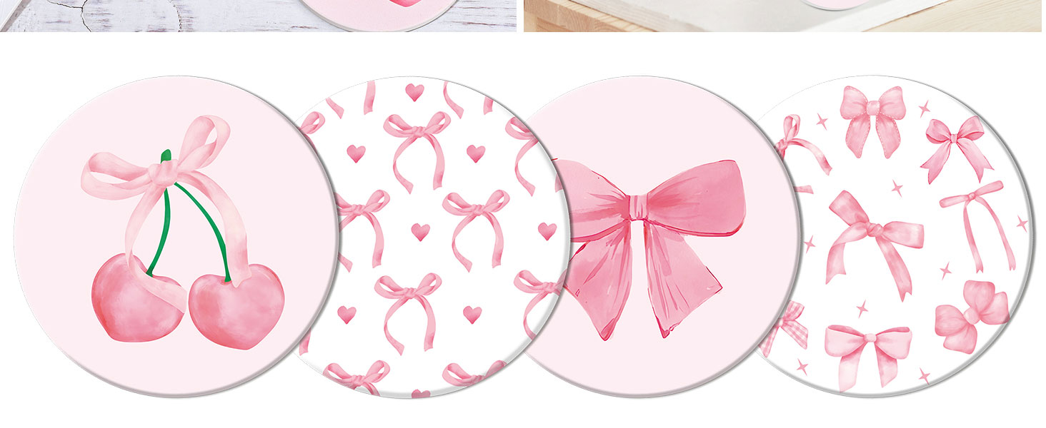 4Pcs Pink Bow Coasters Cute Coquette Bowknots Ceramic Drink Coasters Absorbent Bow Cherries Cup Mat for Mother's Day Valentines Baby Shower Birthday Home Kitchen Office Party Table Decor