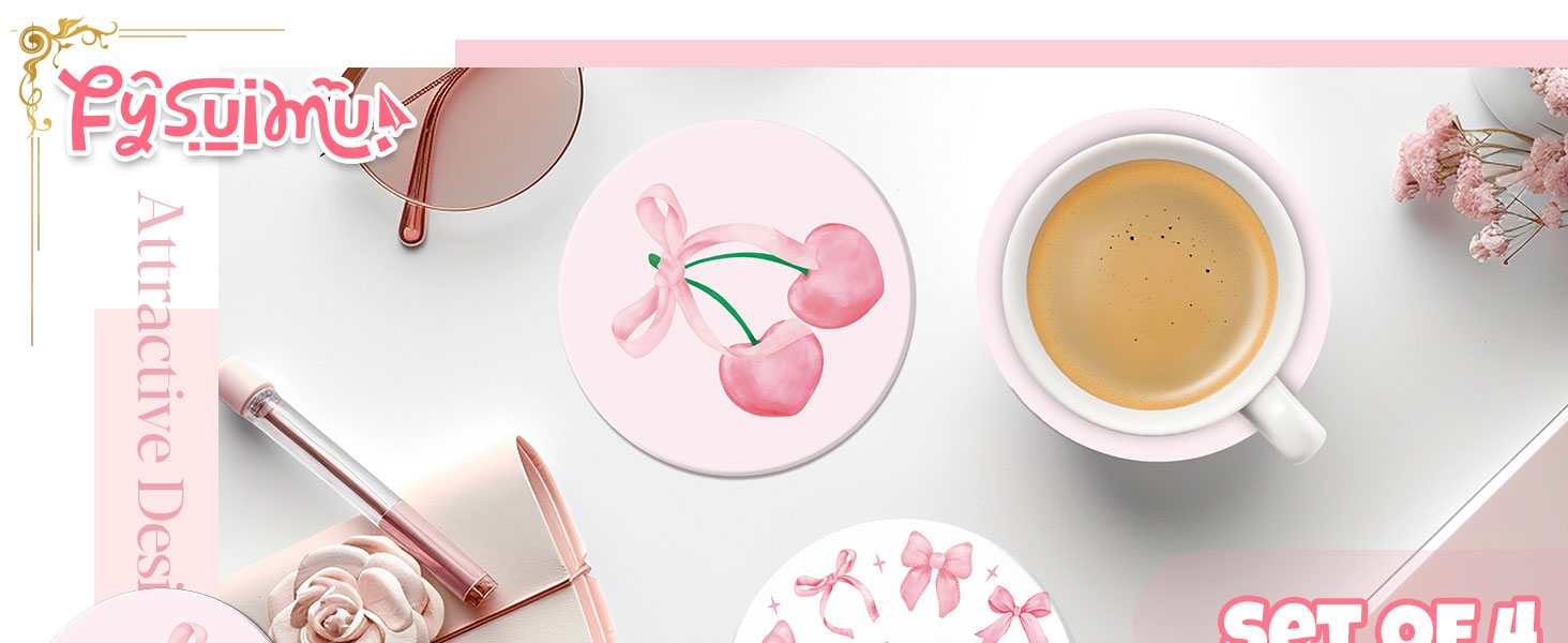 4Pcs Pink Bow Coasters Cute Coquette Bowknots Ceramic Drink Coasters Absorbent Bow Cherries Cup Mat for Mother's Day Valentines Baby Shower Birthday Home Kitchen Office Party Table Decor