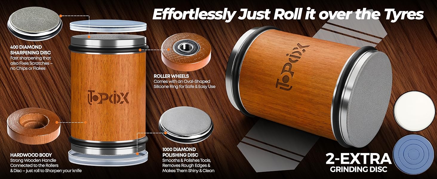 Rolling Knife Sharpener Kit – 4 Angles (15°,18°,20°,22°) – Includes Diamond, Ceramic & Honing Discs with Leather Strop – Ideal for Home Cooks & Professional Chefs