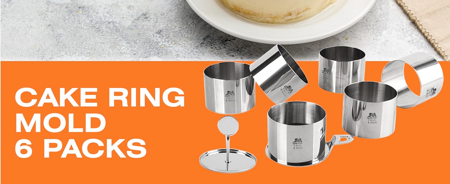 6 Pack Round Cake Ring Molds, Seamless Stainless Steel Cake Cutter with Pusher & Lifter, 3-Inch Dessert Mousse Rings for Baking (Includes 1 Pusher, 1 Lifter and 6 Rings)