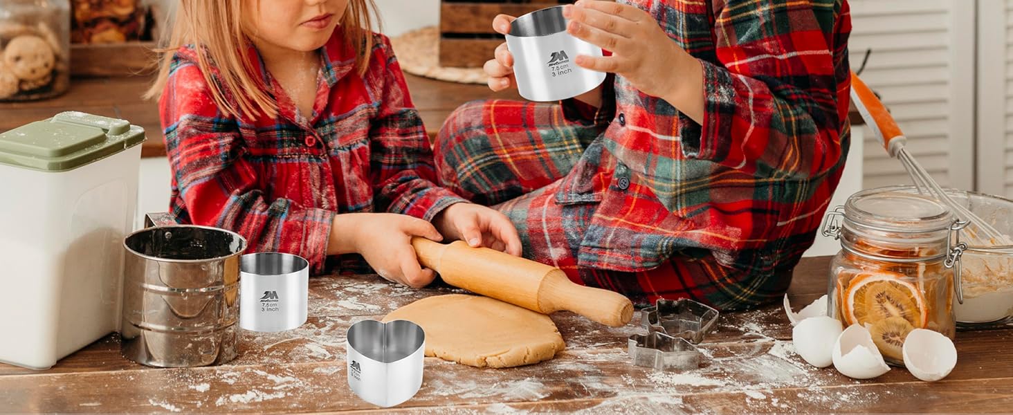 6 Pack Round Cake Ring Molds, Seamless Stainless Steel Cake Cutter with Pusher & Lifter, 3-Inch Dessert Mousse Rings for Baking (Includes 1 Pusher, 1 Lifter and 6 Rings)