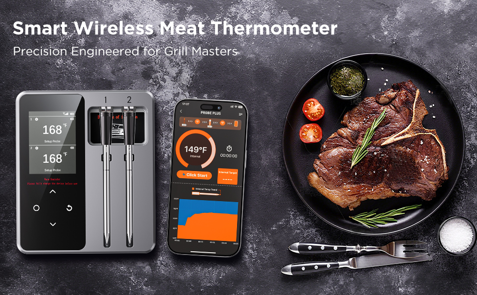 Wireless Bluetooth Meat Thermometer - 2 Probes & App Control, Birthday Gifts for Men Him Dad, Smart Digital Thermometer for Cooking, Oven, Smoker, BBQ, Grill