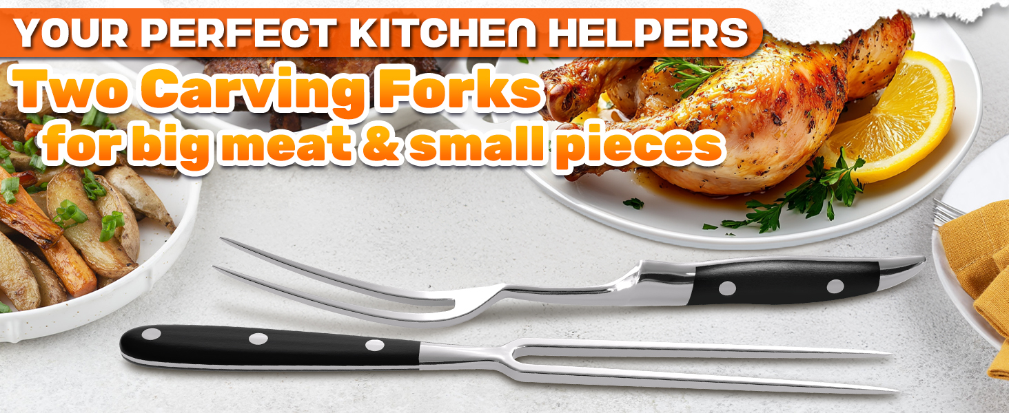 2 Pcs Carving Fork for Meat 12 inch - Stainless Steel Meat Fork with Heat-Resistant Handle for Grilling, Cooking, Serving - Straight and Curved Carving Utensils with Classic Two-Prong BBQ Design