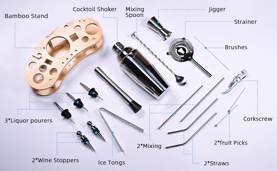 Cocktail Shaker Set, 19 Piece Bartender Kit, Silver, Bar Tool Set with Cocktail Shaker, Mixer Spoon, Measuring Cup, Strainer, Muddler, Corkscrew, Tongs