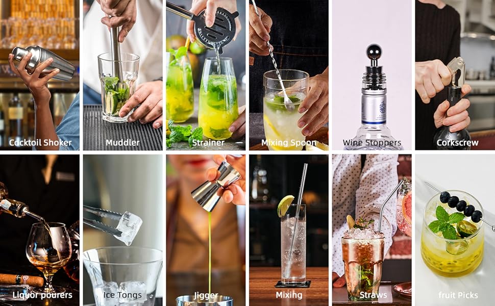 Cocktail Shaker Set, 19 Piece Bartender Kit, Silver, Bar Tool Set with Cocktail Shaker, Mixer Spoon, Measuring Cup, Strainer, Muddler, Corkscrew, Tongs
