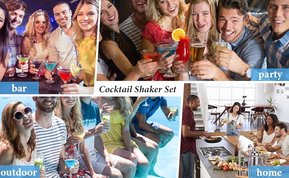 Cocktail Shaker Set, 19 Piece Bartender Kit, Silver, Bar Tool Set with Cocktail Shaker, Mixer Spoon, Measuring Cup, Strainer, Muddler, Corkscrew, Tongs