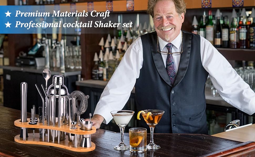 Cocktail Shaker Set, 19 Piece Bartender Kit, Silver, Bar Tool Set with Cocktail Shaker, Mixer Spoon, Measuring Cup, Strainer, Muddler, Corkscrew, Tongs