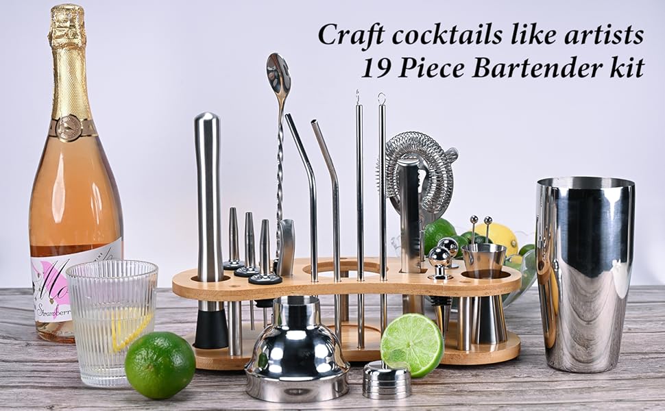 Cocktail Shaker Set, 19 Piece Bartender Kit, Silver, Bar Tool Set with Cocktail Shaker, Mixer Spoon, Measuring Cup, Strainer, Muddler, Corkscrew, Tongs