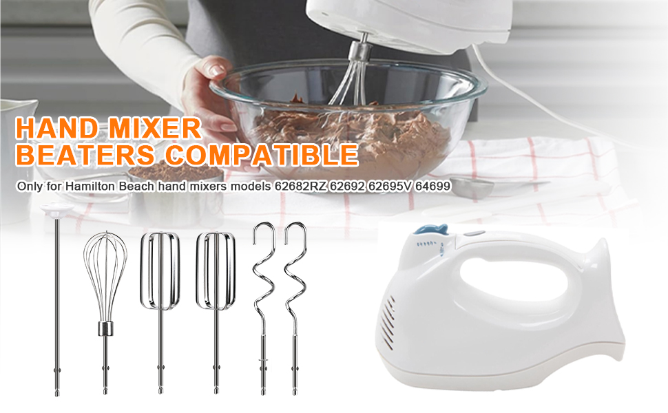 Hand Mixer Beaters Attachments Compatible with Hamilton Beach, Replacement Beater, Dough Hook, Blending Rod, Whisk Parts for 62632R, 62682RZ, 62692, 62695V, 64699 Handheld Mixers Blender - 6 Pack