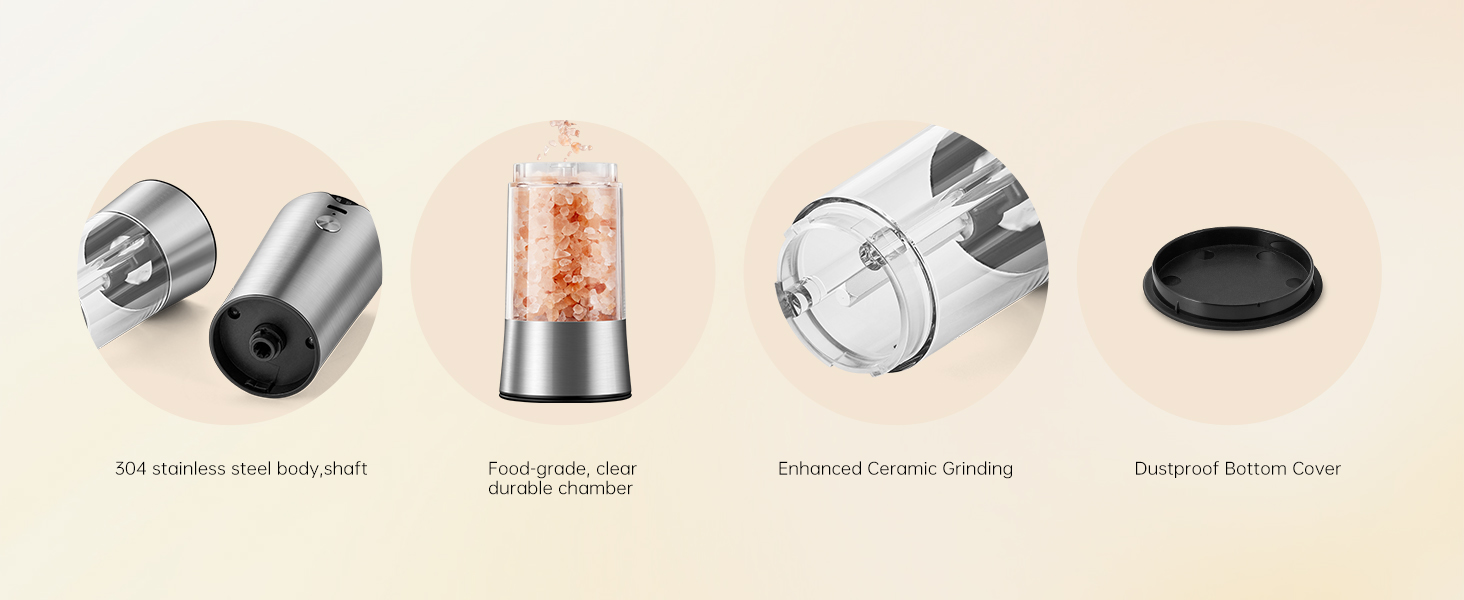 Electric Salt and Pepper Grinder Set, Stainless Steel Automatic Pepper Mill, Rechargeable with USB-C Charging Base, Gravity Activated One-Handed Operation, Dual LED Light, 2 Pack