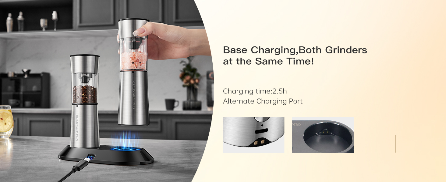 Electric Salt and Pepper Grinder Set, Stainless Steel Automatic Pepper Mill, Rechargeable with USB-C Charging Base, Gravity Activated One-Handed Operation, Dual LED Light, 2 Pack