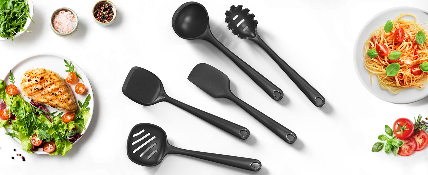 oannao Silicone Kitchen Utensils Set, 600°F Heat Resistant Silicone Cooking Utensils, Spatula, Spoon, Whisk, Tongs, Kitchen Gadgets Sets for Nonstick Cookware, Dishwasher Safe BPA Free (Black)