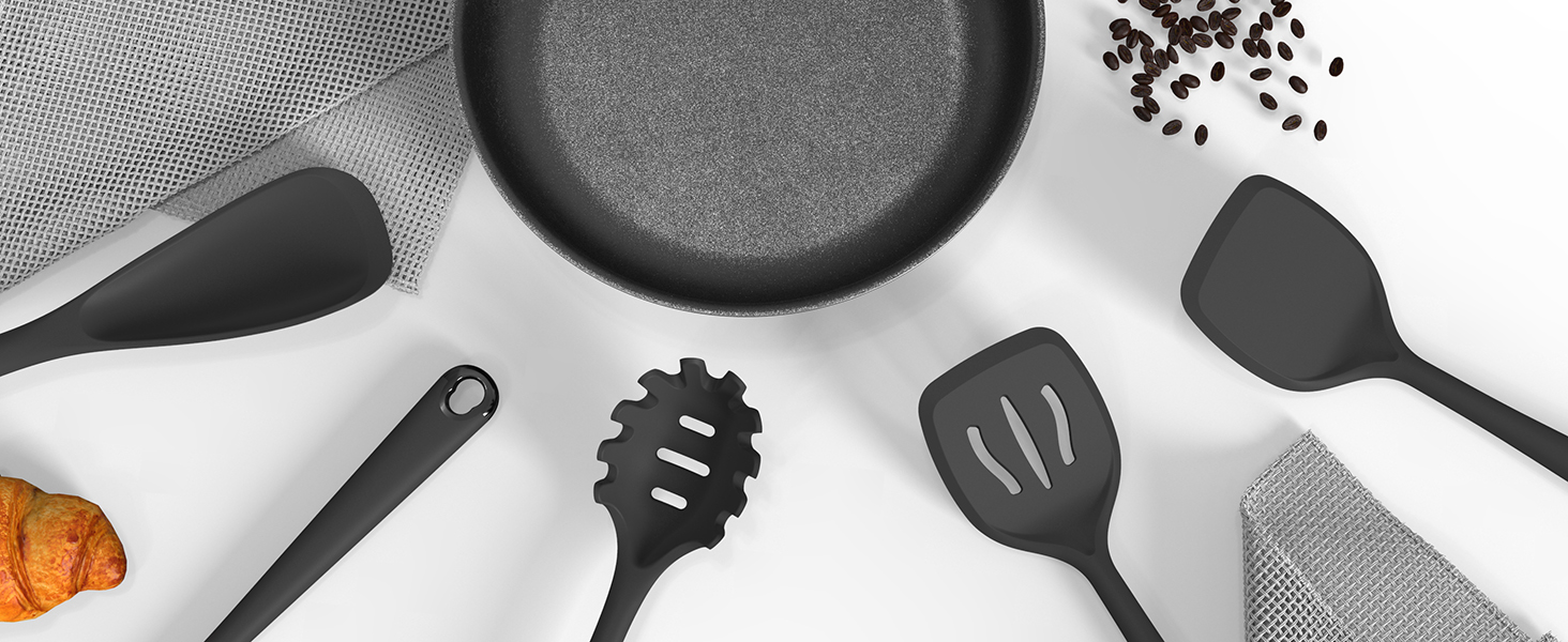 oannao Silicone Kitchen Utensils Set, 600°F Heat Resistant Silicone Cooking Utensils, Spatula, Spoon, Whisk, Tongs, Kitchen Gadgets Sets for Nonstick Cookware, Dishwasher Safe BPA Free (Black)