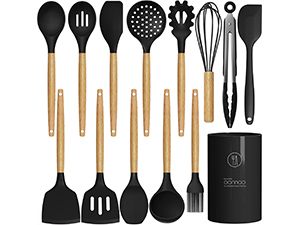 oannao Silicone Kitchen Utensils Set, 600°F Heat Resistant Silicone Cooking Utensils, Spatula, Spoon, Whisk, Tongs, Kitchen Gadgets Sets for Nonstick Cookware, Dishwasher Safe BPA Free (Black)