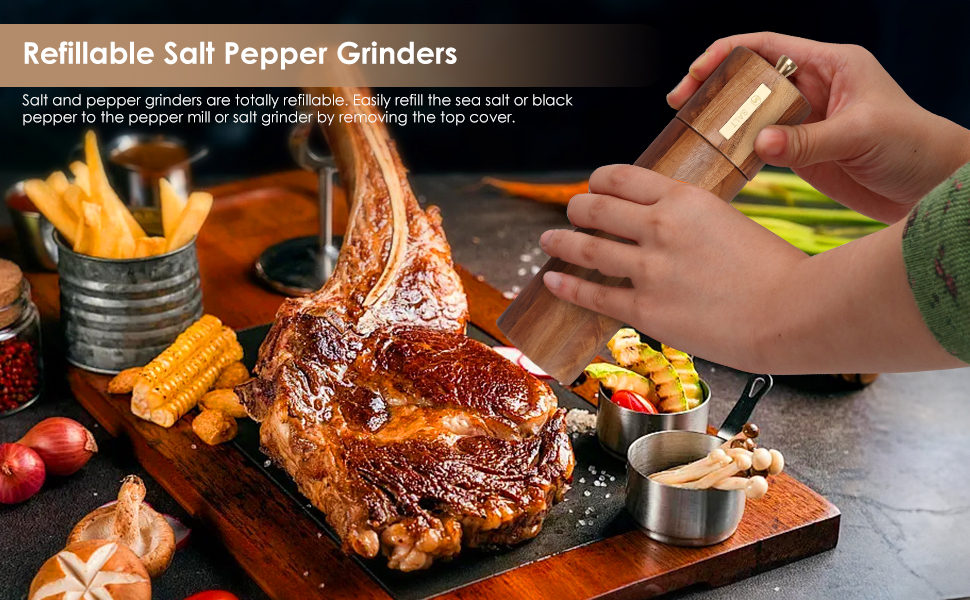 Wooden Salt and Pepper Grinder Set, 8 inch Manual Salt and Pepper Mill with Brush and Spoon, Adjustable Coarseness, Refillable Pepper Grinder for Kitchen, Brown