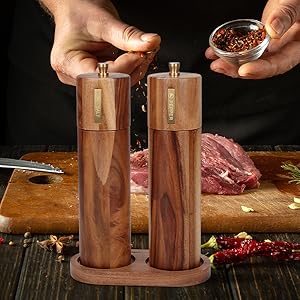 Wooden Salt and Pepper Grinder Set, 8 inch Manual Salt and Pepper Mill with Brush and Spoon, Adjustable Coarseness, Refillable Pepper Grinder for Kitchen, Brown