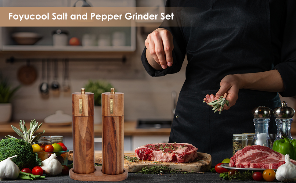 Wooden Salt and Pepper Grinder Set, 8 inch Manual Salt and Pepper Mill with Brush and Spoon, Adjustable Coarseness, Refillable Pepper Grinder for Kitchen, Brown