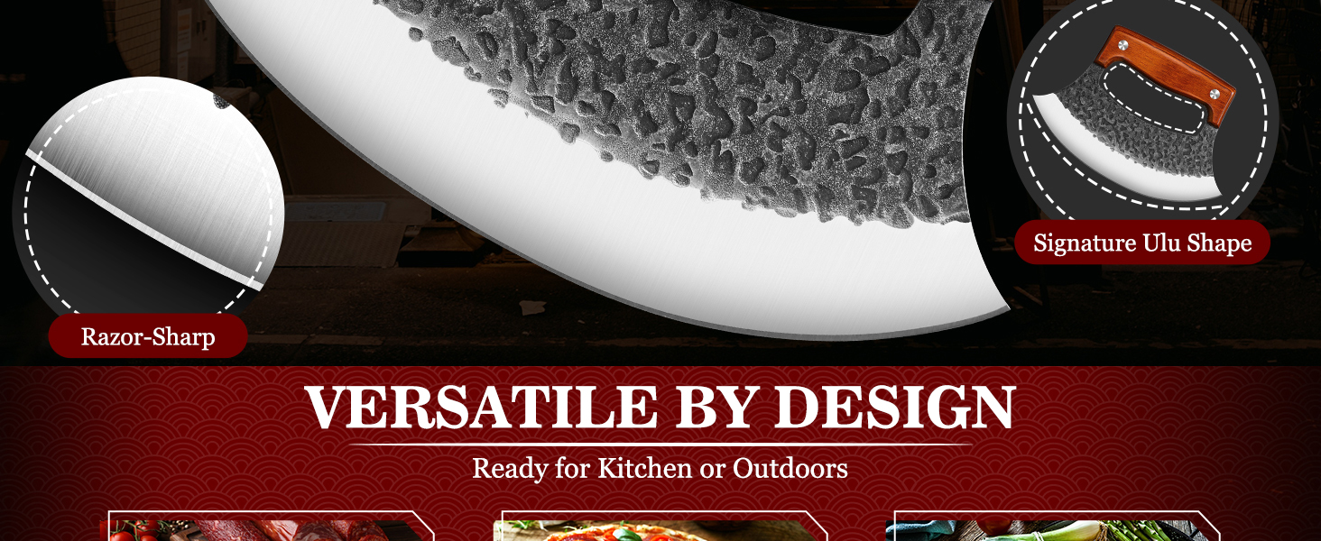 TIVOLI Hand-Forged Ulu Knife – Full Tang High Carbon Steel, Japanese-Inspired with Sheath & Gift Box, Mezzaluna Rocker Knife & Pizza Cutter for Kitchen, Camping&BBQ, Christmas Gifts for Men and Women