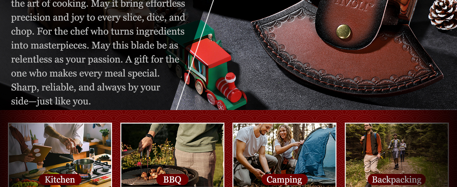 TIVOLI Hand-Forged Ulu Knife – Full Tang High Carbon Steel, Japanese-Inspired with Sheath & Gift Box, Mezzaluna Rocker Knife & Pizza Cutter for Kitchen, Camping&BBQ, Christmas Gifts for Men and Women