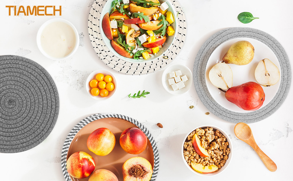 TIAMECH 9 Inch Trivets for Hot Dishes, Hot Pots and Pans - Set 5 Pcs Heat Resistant Large Thicken Trivets & Hot Pads for Countertops with Storage Basket