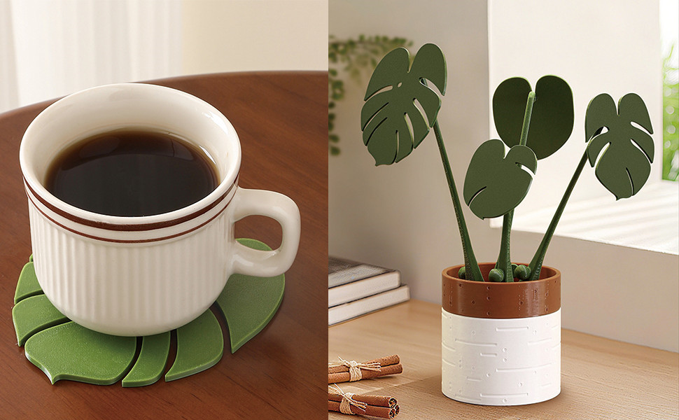 Monstera Coaster Set, 4 Count, Green Leaf Silicone Drink Coasters, Non Slip, Anti Stain, Heat Resistant, Hand Wash Only