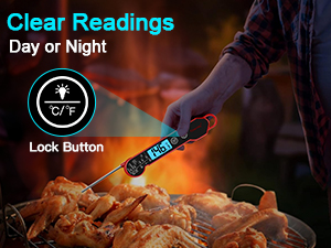 Digital Meat Thermometer Instant Read Waterproof – Folding Probe Food Thermometer with Backlight & Calibration, Gift for Chef, Fast Read for BBQ, Grill, Deep Fry, Cooking, Liquids