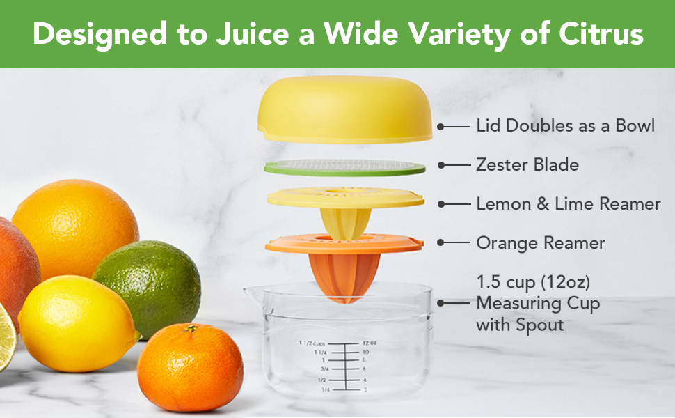 Tovolo Citrus Juicer and Zester Manual Lemon Squeezer with Measuring Cup and Built In Strainer, Easy Clean BPA Free Zester Grater with Handle for Fresh Citrus Dual Reamers for All Fruit Sizes